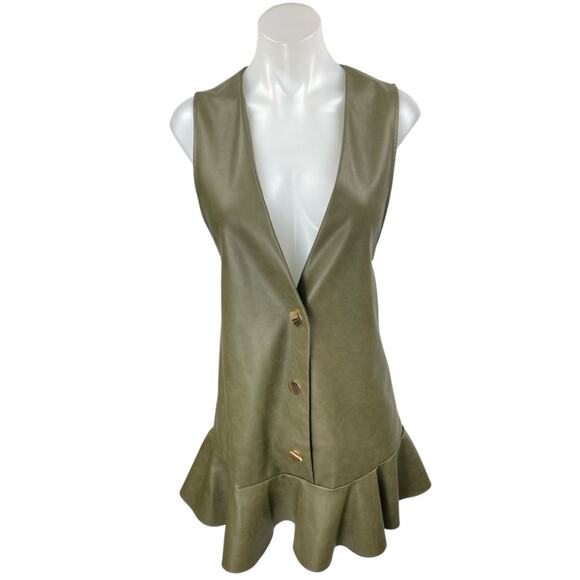 NEW Zara Green Faux Leather Vegan Sleeveless Ruffle Blazer Mini Dress Size S - Picture 1 of 5